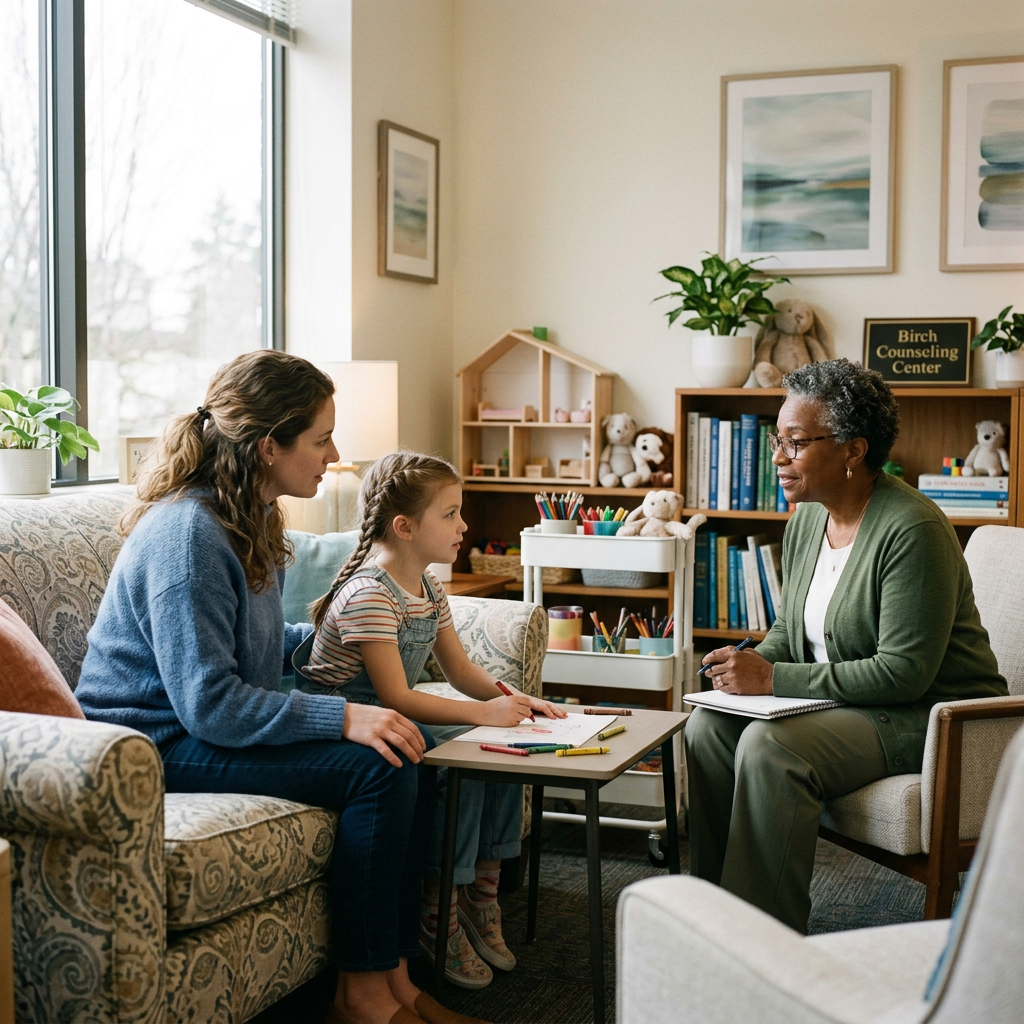 Child with mother in a counseling session with a therapist