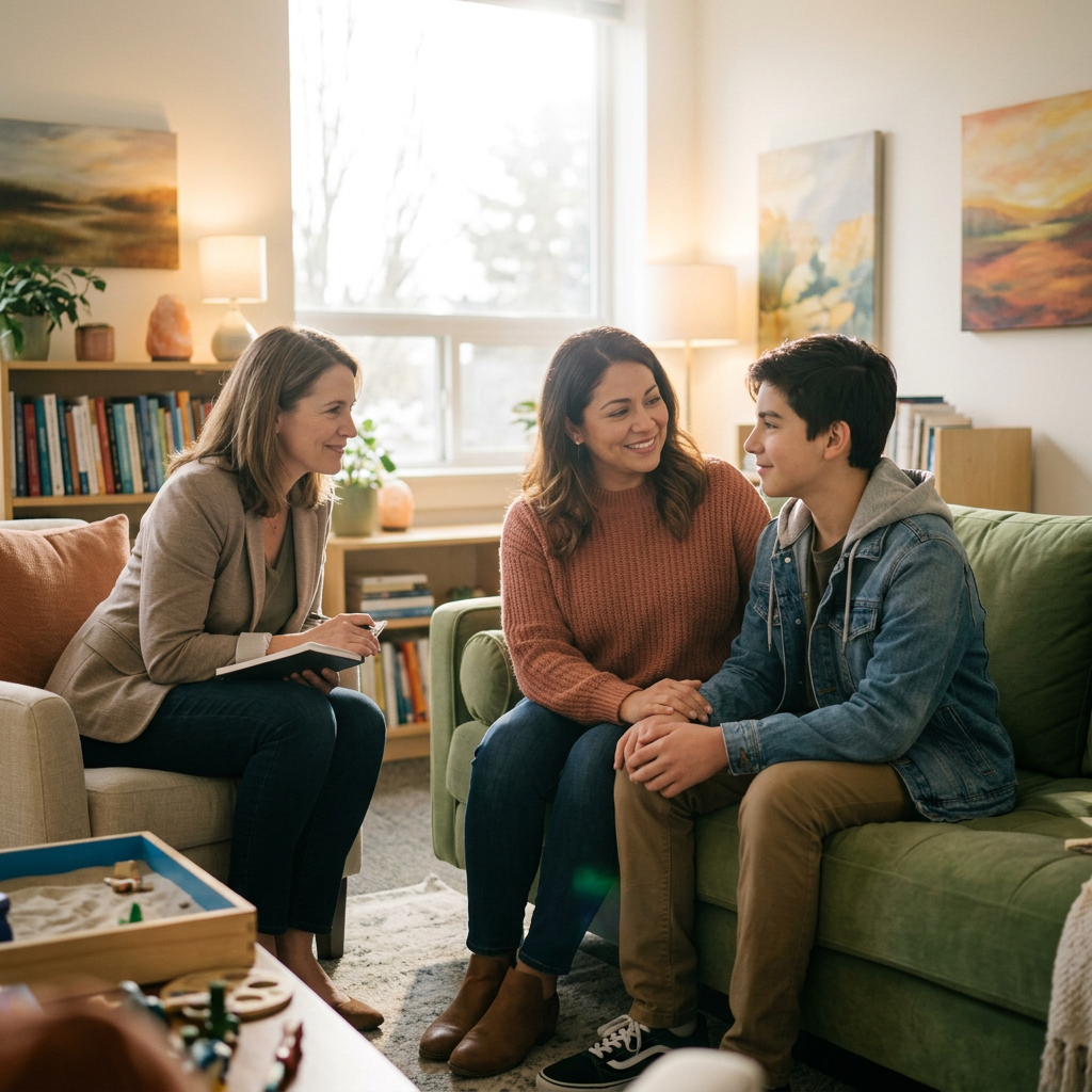 Therapist speaking with mother and teenage son sitting on couch in a cozy office