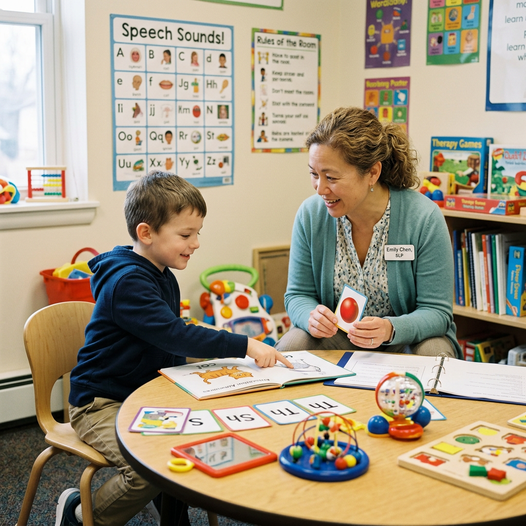 Speech therapist working with a boy using flashcards and a book